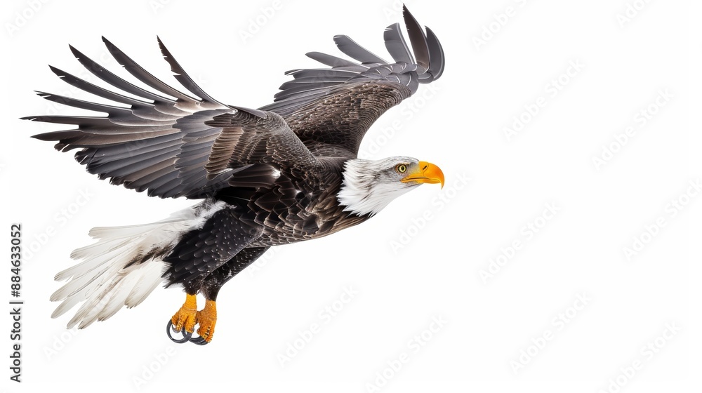 Fototapeta premium Majestic bald eagle is soaring through the air, its wings spread wide showcasing its impressive wingspan against a clean white backdrop
