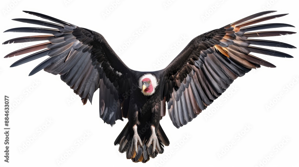 Obraz premium Andean condor soaring with outstretched wings against a clean white backdrop