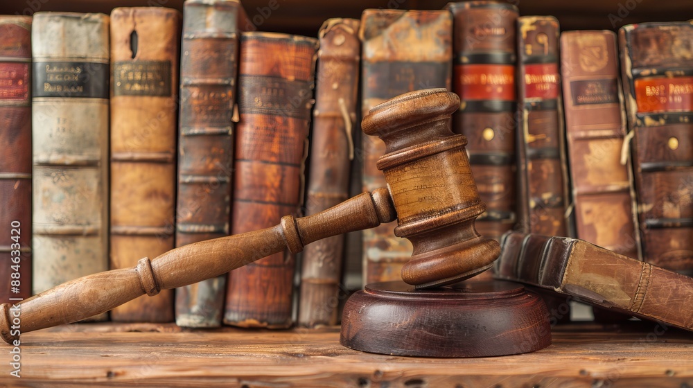 This image features a wooden gavel placed on a stand in front of a shelf full of ancient legal books, symbolizing law, justice, and historical legal practices. This image features a wooden gavel placed on a stand in front of a shelf full of ancient legal books, symbolizing law, justice, and historical legal practices.