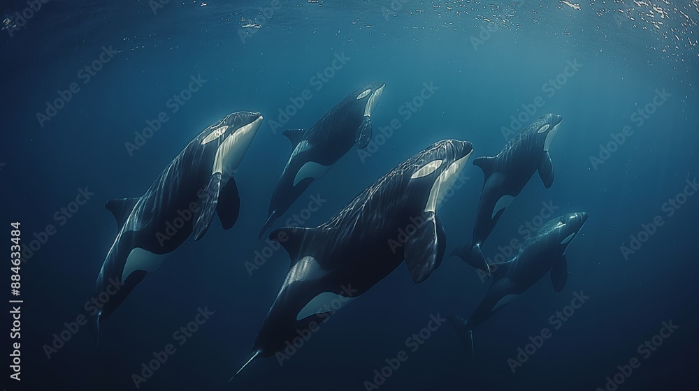 Obraz premium Pod of Orcas Swimming Underwater in the Ocean