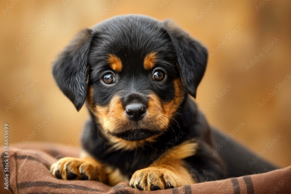 Cute little puppy with black and tan fur looking curiously at the camera