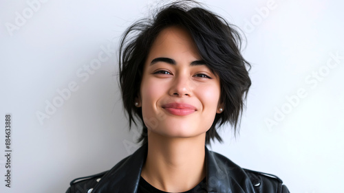 A young woman with tousled short hair is wearing a black leather jacket and smiling gently against a plain backdrop - Generative AI