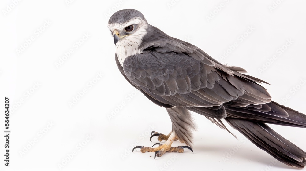 Fototapeta premium Falcon with gray and white plumage standing on a white background looking down