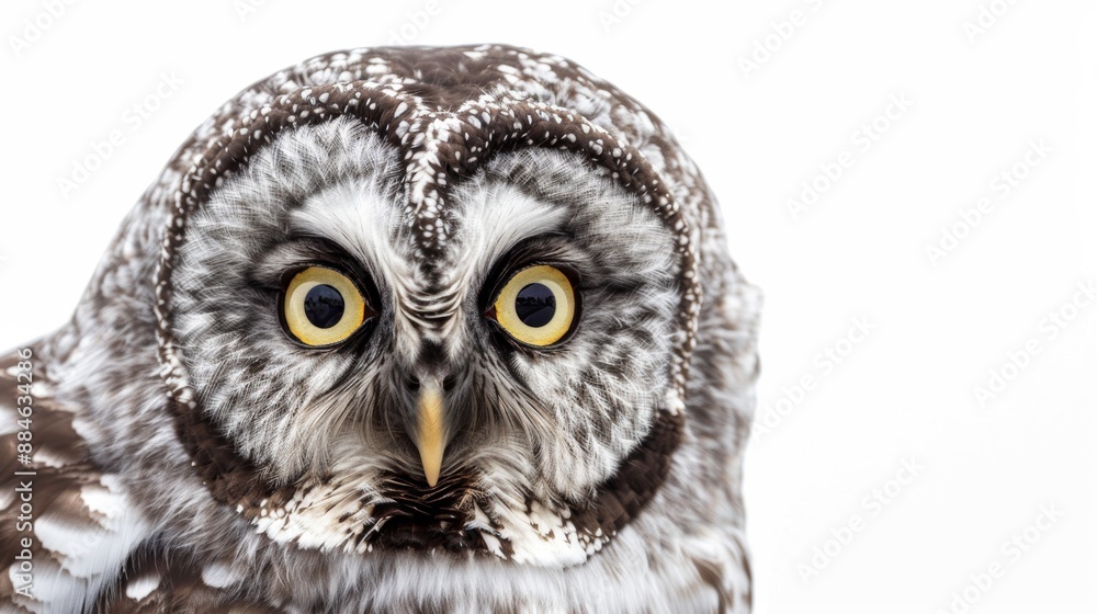Obraz premium Majestic northern hawk owl portrait with intense yellow eyes against a white backdrop