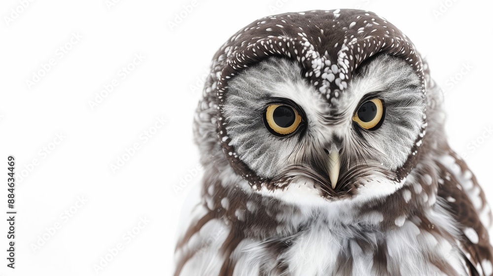 Naklejka premium Close-up of a fierce boreal owl staring intensely, with intricate plumage and piercing eyes against a white background