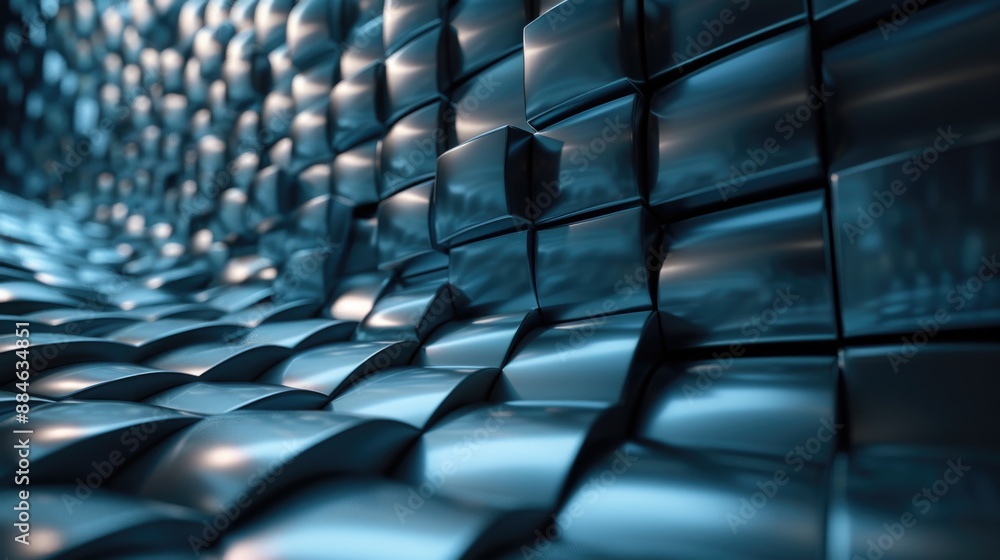 A close-up view of a wall constructed from shiny metal blocks A close-up view of a wall constructed from shiny metal blocks