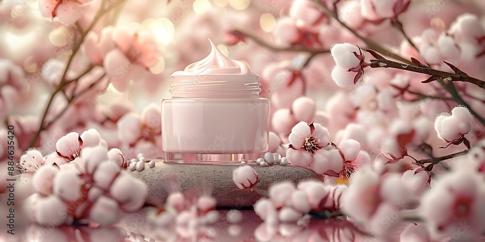 Pink face cream jar amidst cotton flowers, a serene beauty product illustration. Pink face cream jar amidst cotton flowers, a serene beauty product illustration.