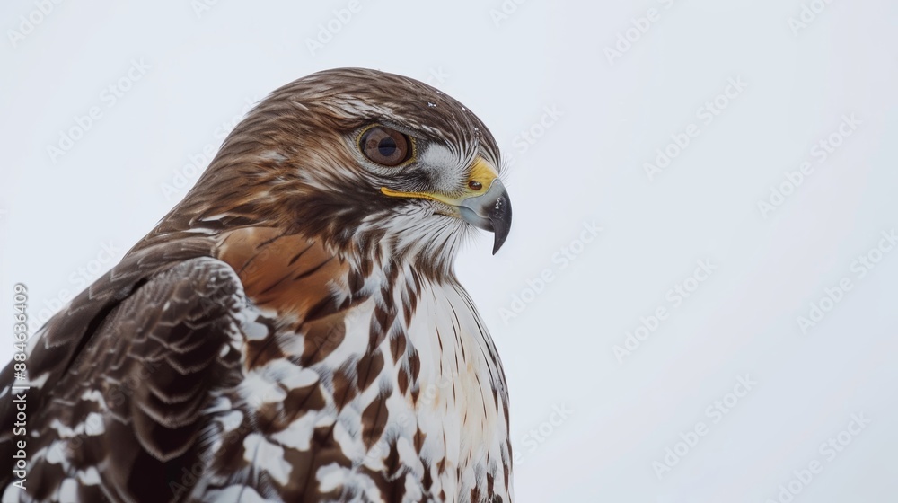 Majestic red-tailed hawk is perched observing its surroundings with a bright sky as background Majestic red-tailed hawk is perched observing its surroundings with a bright sky as background