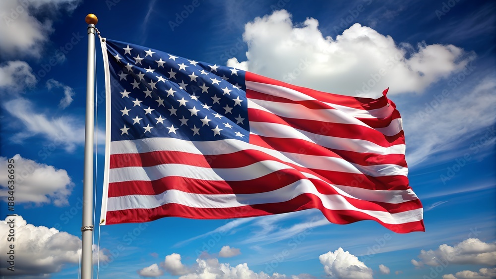 Obraz premium Large American flag with red, white stripes and blue stars against a background of light blue sky. Photo of a flag waving in the wind. America's strength, freedom and independence concept