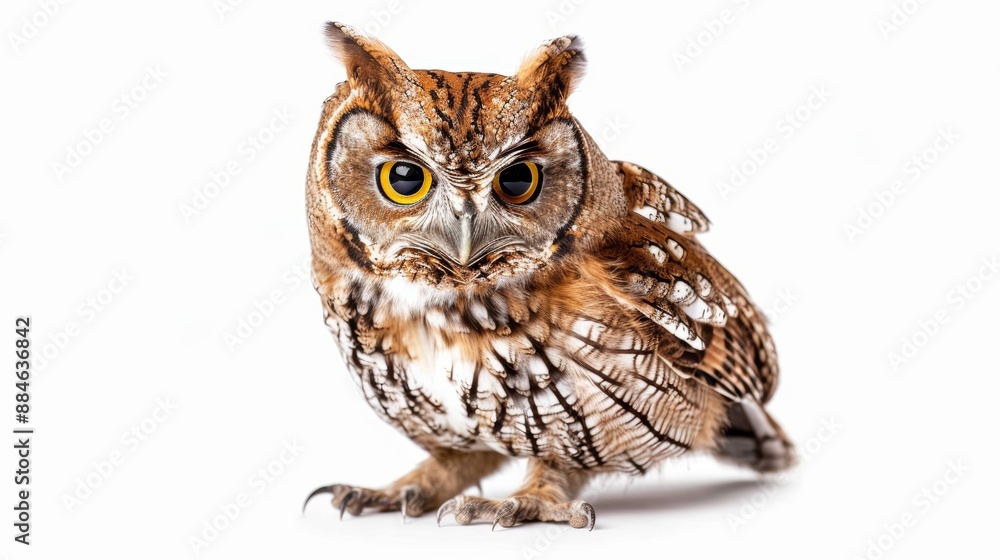 Eastern screech owl standing and gazing with vivid yellow eyes against a white backdrop Eastern screech owl standing and gazing with vivid yellow eyes against a white backdrop