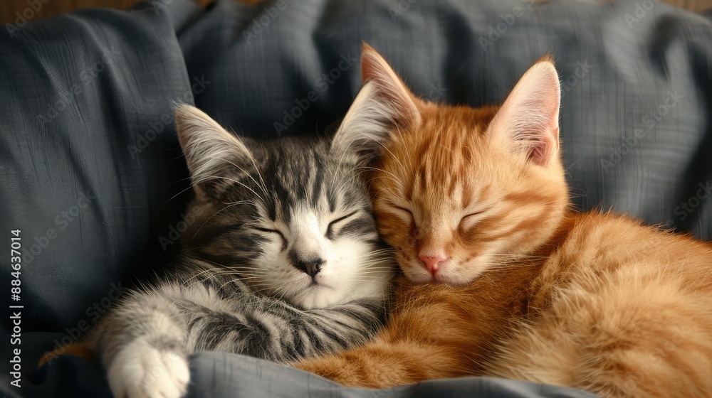 Obraz premium Two adorable kittens, one grey and one orange, cuddle and sleep peacefully on a blue blanket.