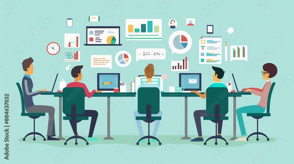 This image shows a diverse team of professionals analyzing data on laptops and paper charts, sitting around a table in a modern office environment, highlighting teamwork and analytics. This image shows a diverse team of professionals analyzing data on laptops and paper charts, sitting around a table in a modern office environment, highlighting teamwork and analytics.