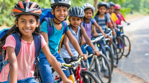 Joyful Group Of Indian Children Cycling Together On Road, Enjoying Summer Outdoors Activity.