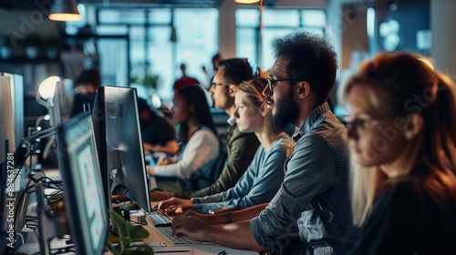 A diverse group of people working diligently on desktop computers in an open office space, indicative of collaborative efforts and a modern work culture.