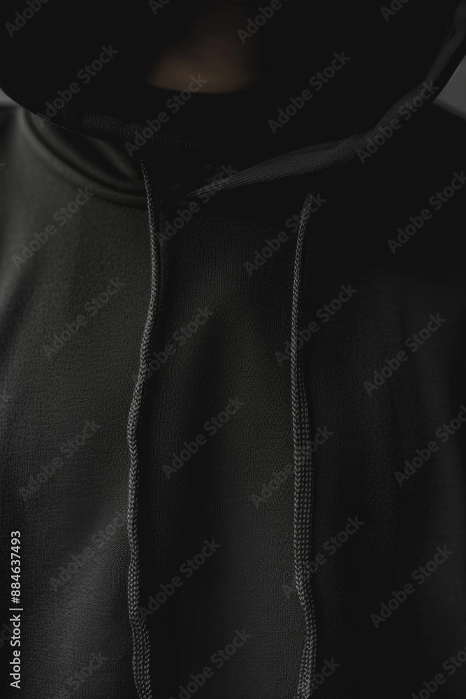 A person is shown wearing a black hoodie with the hood up A person is shown wearing a black hoodie with the hood up