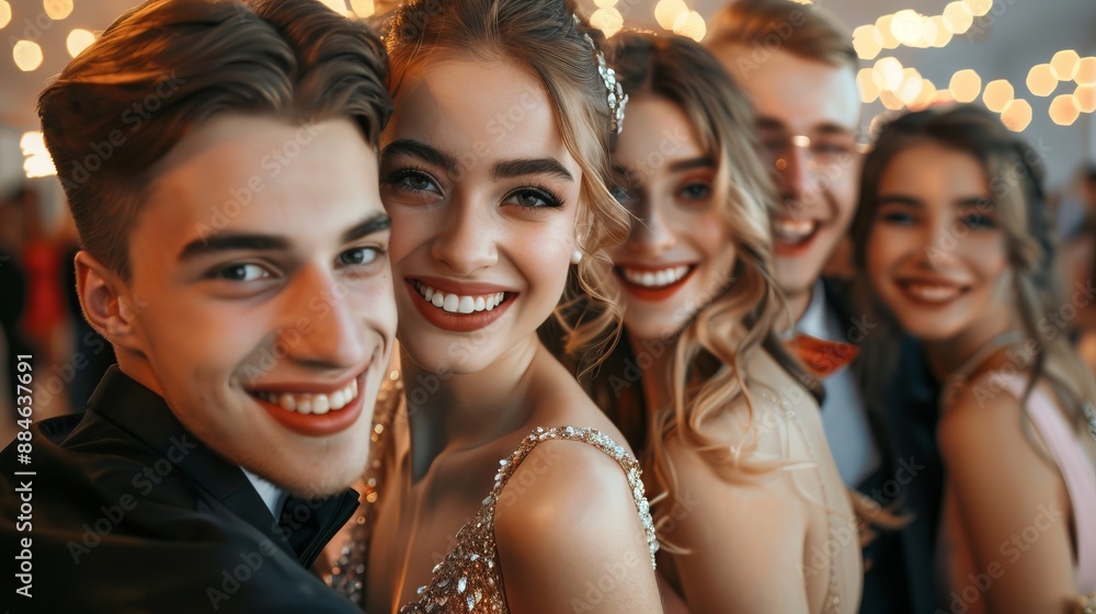 A close-up of friends at a prom night, dressed in their formal attire, smiling broadly and celebrating together, capturing a moment of joy, friendship, and youthful exuberance. A close-up of friends at a prom night, dressed in their formal attire, smiling broadly and celebrating together, capturing a moment of joy, friendship, and youthful exuberance.