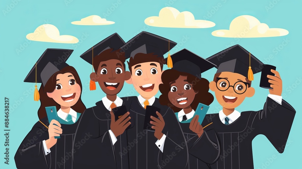Obraz premium A group of five graduates in black caps and gowns take selfies together, celebrating their academic achievements against a backdrop of a clear blue sky with clouds.