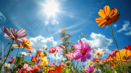 A photograph of a vibrant field of wildflowers, various colors, with a bright, sunny sky in the background © otter2
