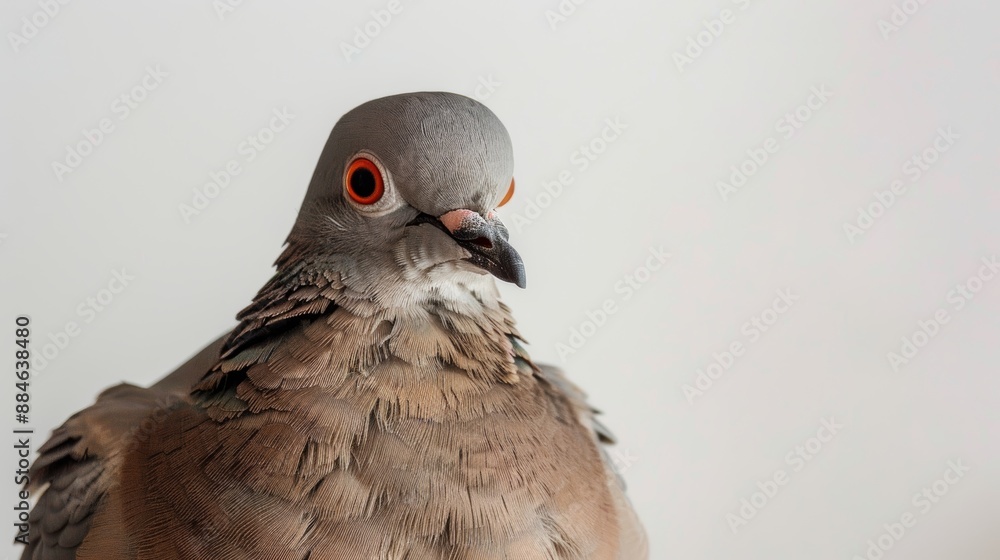 Intriguing eurasian collared dove in a close-up portrait against a white background, showcasing its feathers and beak Intriguing eurasian collared dove in a close-up portrait against a white background, showcasing its feathers and beak