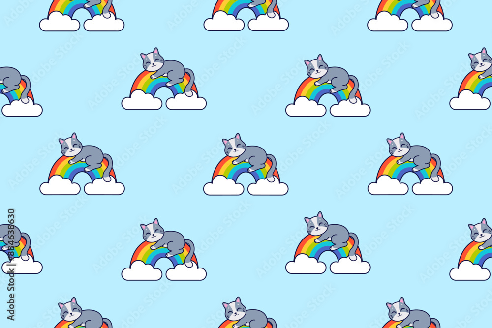 Cute cat sleeps on a rainbow. Seamless vector pattern. Cute cat sleeps on a rainbow. Seamless vector pattern.