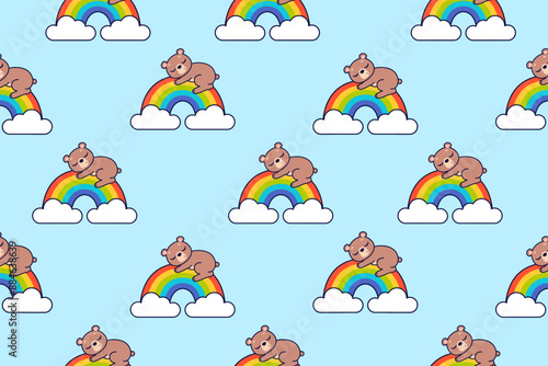 Cute bear sleeps on the rainbow. Seamless vector pattern