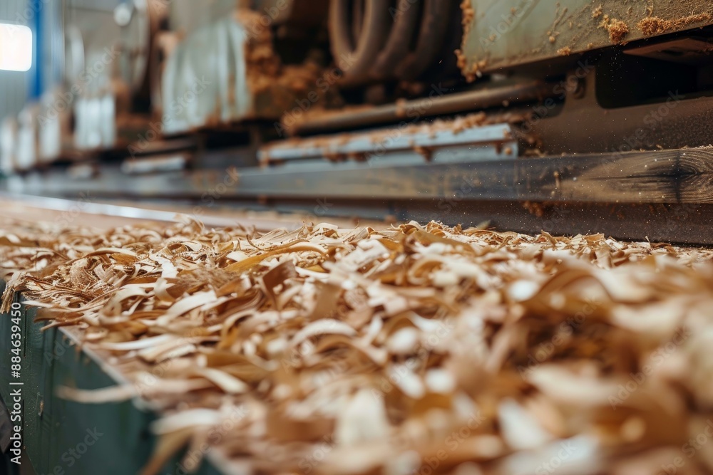 Detailed view of wood shavings on a workbench by a joinery machine Detailed view of wood shavings on a workbench by a joinery machine