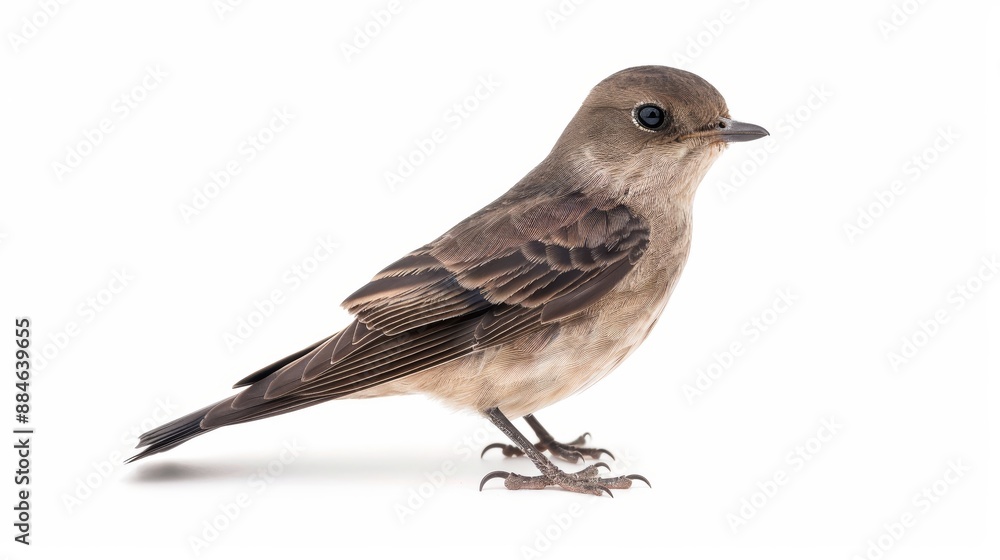 Graceful small brown bird perched on white background, emanating tranquility and serenity. Ideal for wildlife themes Graceful small brown bird perched on white background, emanating tranquility and serenity. Ideal for wildlife themes