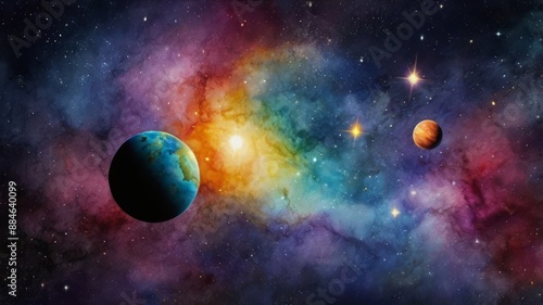colorful watercolor star and planet Background