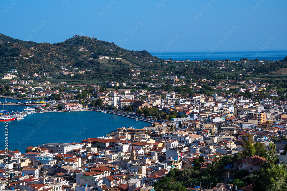Beautiful view from Bochali hill over Zakynthos town. Aerial panoramic view over Zakynthos island at sunset. Zakynthos island, Western Greece Beautiful view from Bochali hill over Zakynthos town. Aerial panoramic view over Zakynthos island at sunset. Zakynthos island, Western Greece