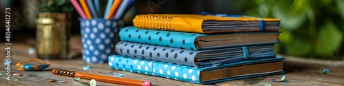 Close-up of a stack of new textbooks, notebooks, and school supplies on a wooden desk. photo