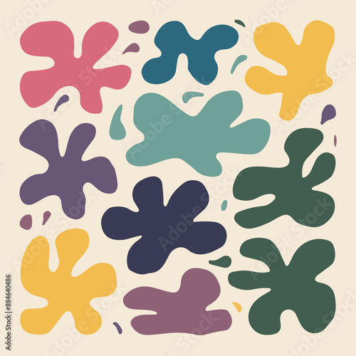 A collection of abstract shapes resembling organic forms. These shapes are in various colors, including pink, yellow, blue, green, and purple. They are spread out in a seemingly random pattern against