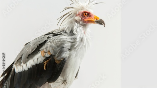 Portrait of a secretary bird in a studio setting, standing against a white backdrop and gazing to the right