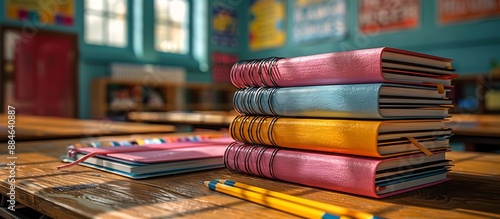 Stack of colorful notebooks and pencils arranged neatly on a wooden desk in an empty classroom, with motivational posters on the walls.