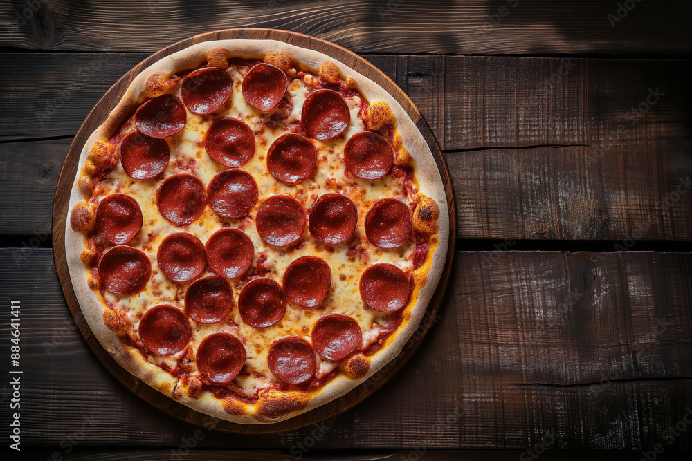 A pepperoni pizza on wooden table