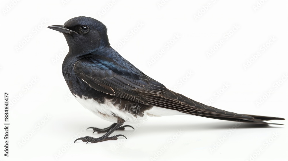 Obraz premium Charming house martin bird perches gracefully on a white background, showcasing its delicate features in a captivating studio shot