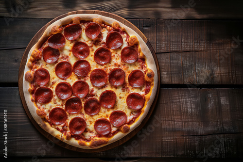 Obraz na płótnie A pepperoni pizza on wooden table w salonie