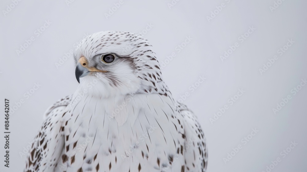 Stunning gyrfalcon is tilting its head against a vibrant, solid white backdrop Stunning gyrfalcon is tilting its head against a vibrant, solid white backdrop