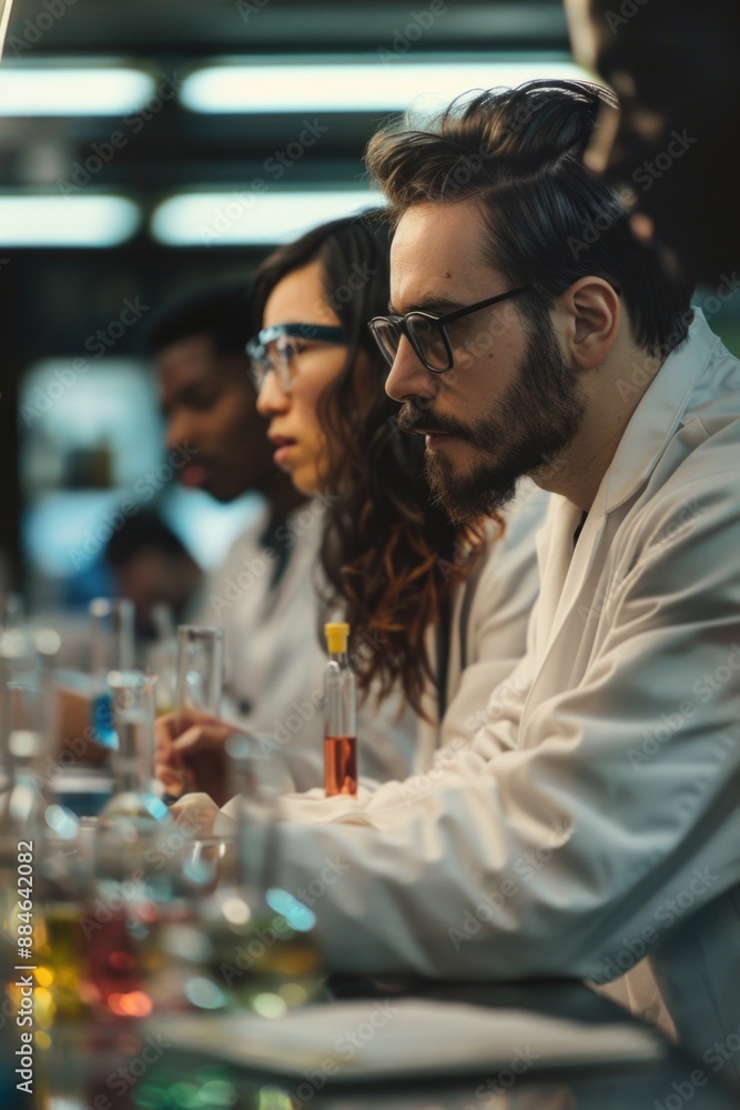 Group of people sitting at a table in a lab, conducting experiments and analyzing data Group of people sitting at a table in a lab, conducting experiments and analyzing data
