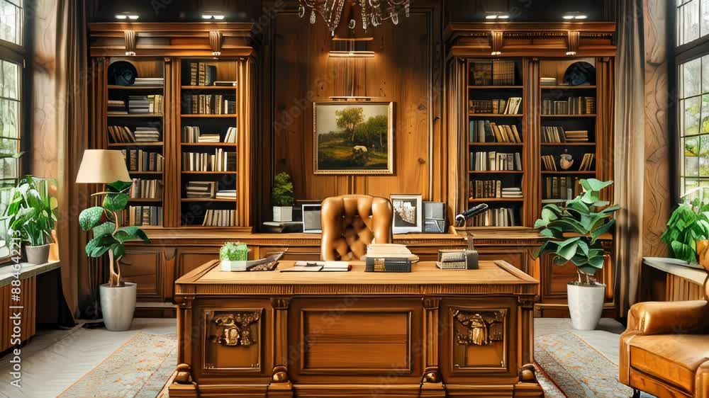 a classic study room with a wooden desk, leather chair, bookshelves filled with books, and a cozy armchair, all bathed in natural light from the window a classic study room with a wooden desk, leather chair, bookshelves filled with books, and a cozy armchair, all bathed in natural light from the window