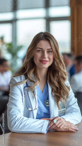 female doctor sitting at a table in a modern office