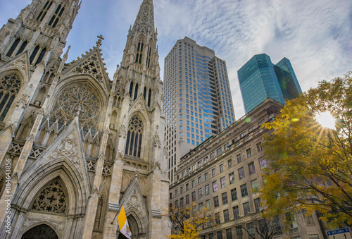 Street View of Manhattan New York at sunny day, Saint Patrick Church on a sunny day of Autumn. New York City, USA