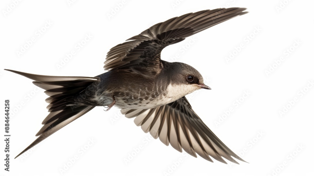 Fototapeta premium Graceful grey bird spreads its wings and soars through the air against a white backdrop, symbolizing freedom and natural elegance