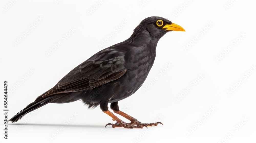 Black bird with yellow beak standing on a white background, looking to the right of the frame Black bird with yellow beak standing on a white background, looking to the right of the frame
