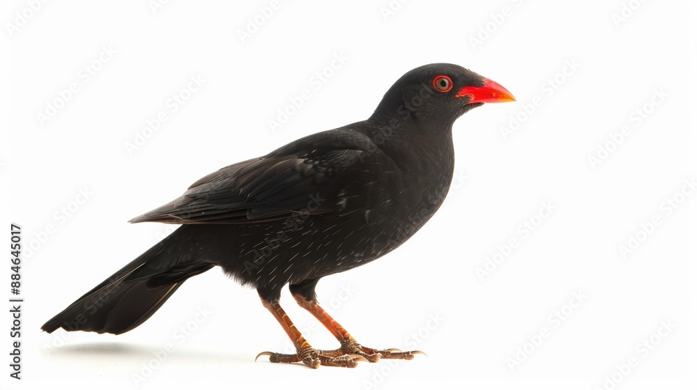 Striking black bird with a vibrant red beak poses in a studio against a clean white background, exuding an exotic and tropical feel with its colorful plumage and inquisitive gaze Striking black bird with a vibrant red beak poses in a studio against a clean white background, exuding an exotic and tropical feel with its colorful plumage and inquisitive gaze