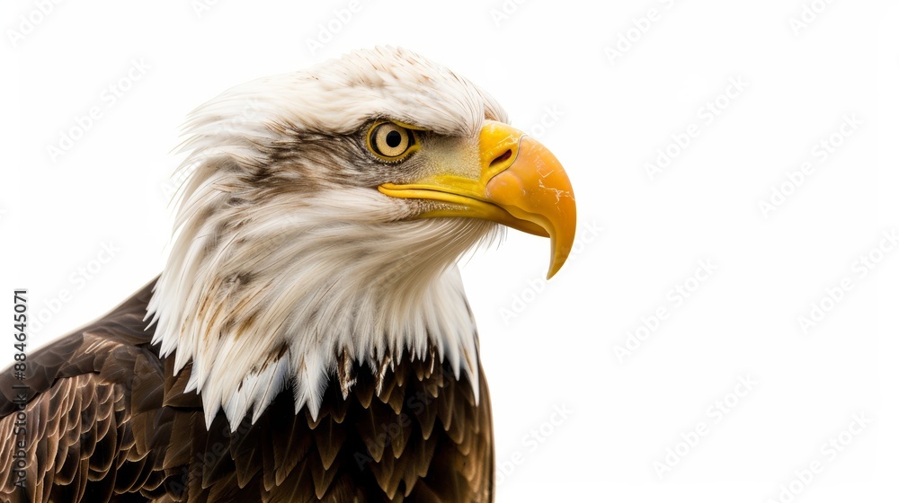 Majestic bald eagle is posing for the camera, its white feathered head and sharp beak are prominent against the white background Majestic bald eagle is posing for the camera, its white feathered head and sharp beak are prominent against the white background