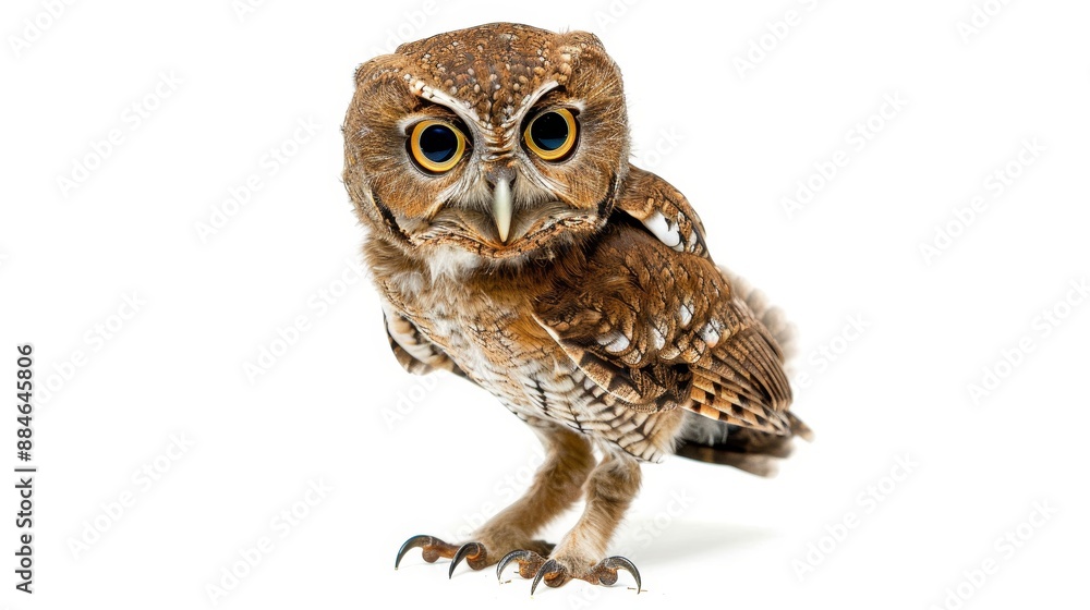 Young owl with yellow eyes stands gracefully on a white background, showcasing its majestic appearance as a nocturnal predator in the wild Young owl with yellow eyes stands gracefully on a white background, showcasing its majestic appearance as a nocturnal predator in the wild