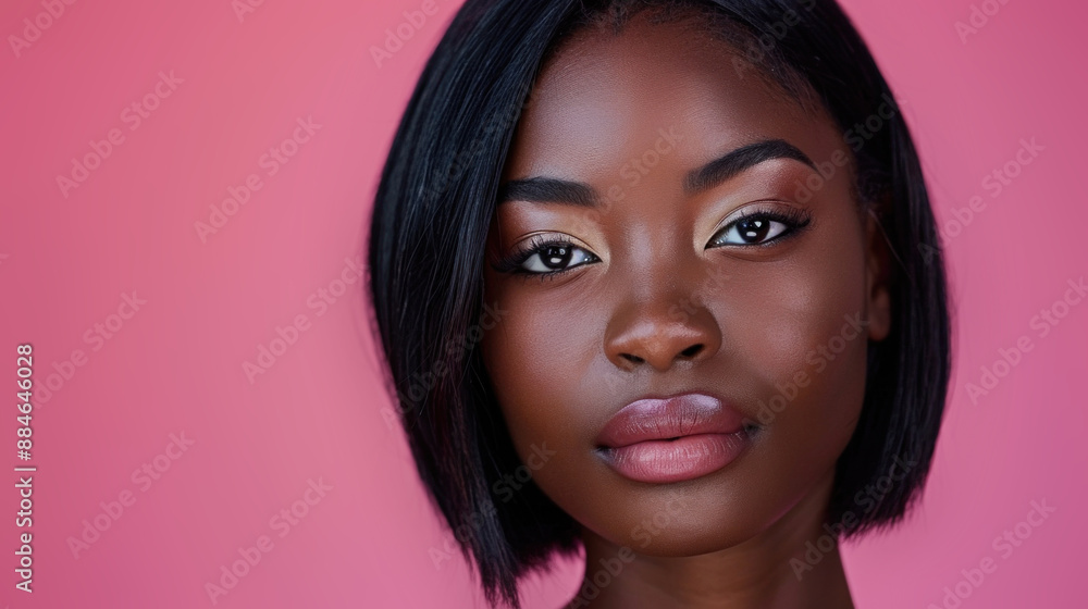 Beautiful African American woman with straight hair. Highlighting beauty of afro girl with bob smooth hairstyle and toning. Keratin straightening treatment, care, spa procedures for gorgeous hair Beautiful African American woman with straight hair. Highlighting beauty of afro girl with bob smooth hairstyle and toning. Keratin straightening treatment, care, spa procedures for gorgeous hair
