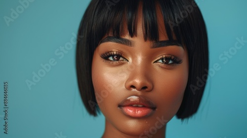 Stunning African American woman with straight hair. Featuring beauty of afro girl with a smooth bob hairstyle and toning. Keratin straightening for optimal hair treatment, care, and spa procedures