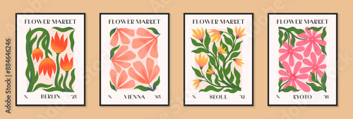 Abstact flower market vector posters with hand drawn florals.Modern botanical illustrations for prints,flyers,banners,invitations,branding design,covers,home decoration.