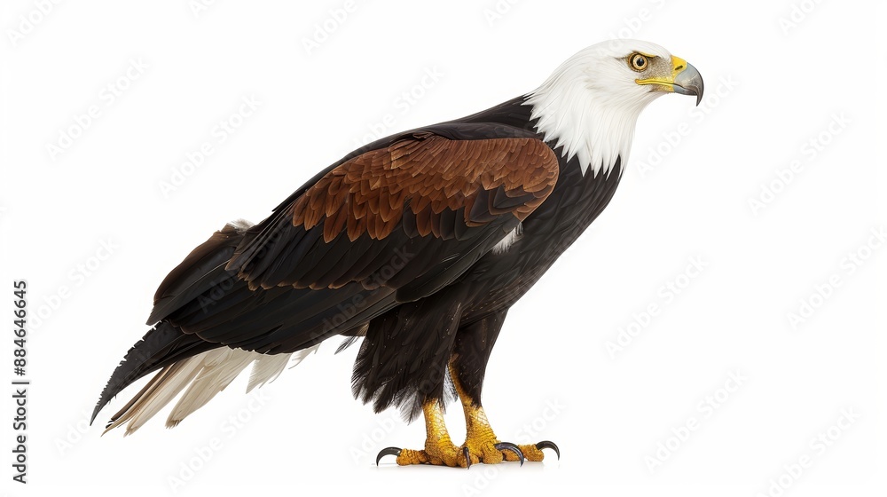 Obraz premium Magnificent bald eagle stands proudly, gazing to the side, displaying its remarkable wingspan and powerful talons